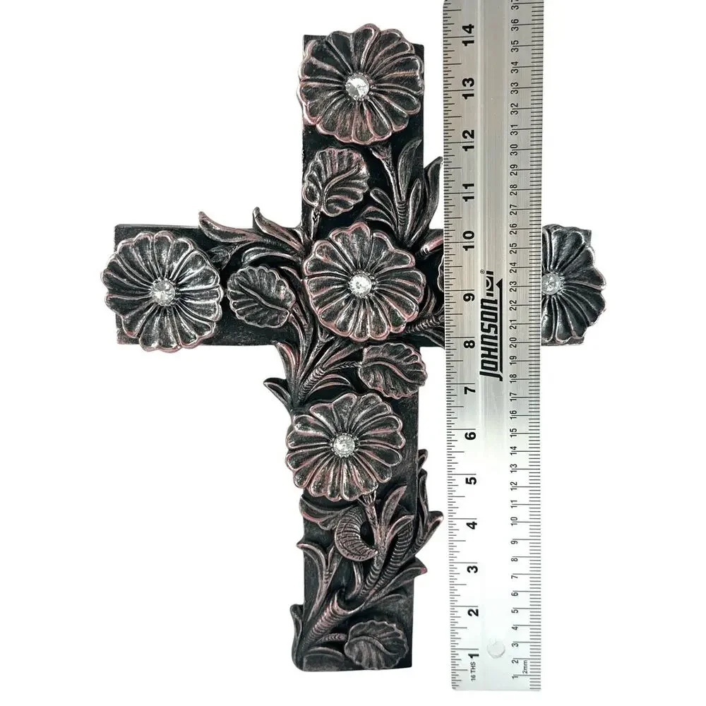 Decorative Floral Wall Cross Heavy Resin Pink Metallic Rhinestone Accents 10x14